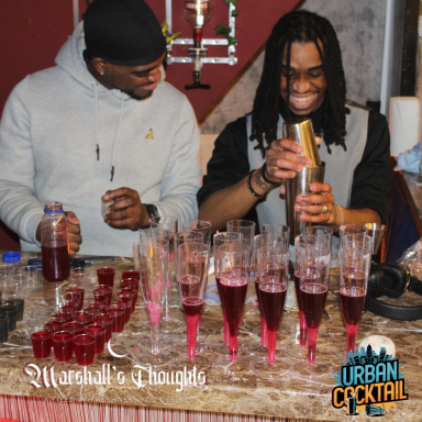 Two men mixing drinks at a bar, with pink cocktails and shot glasses in front of them.
